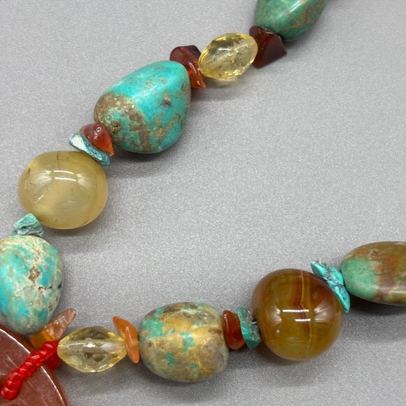 Turquoise Carnelian Agate Necklace Genuine Stone Beads Carved Pendant Statement - Picture 6 of 13